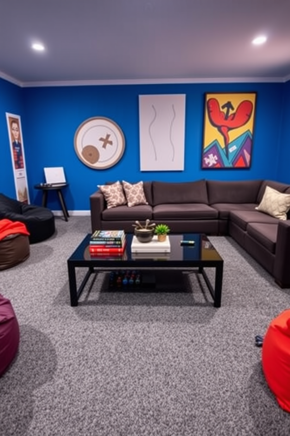 A vibrant game room filled with energy and fun. The walls are painted a bold blue, and the floor is covered with a plush gray carpet. In the center, a sleek coffee table holds a stylish centerpiece featuring a mix of colorful books, a decorative bowl, and a small potted plant. Surrounding the table are comfortable seating options, including a sectional sofa and bean bags, creating an inviting atmosphere for relaxation and play.