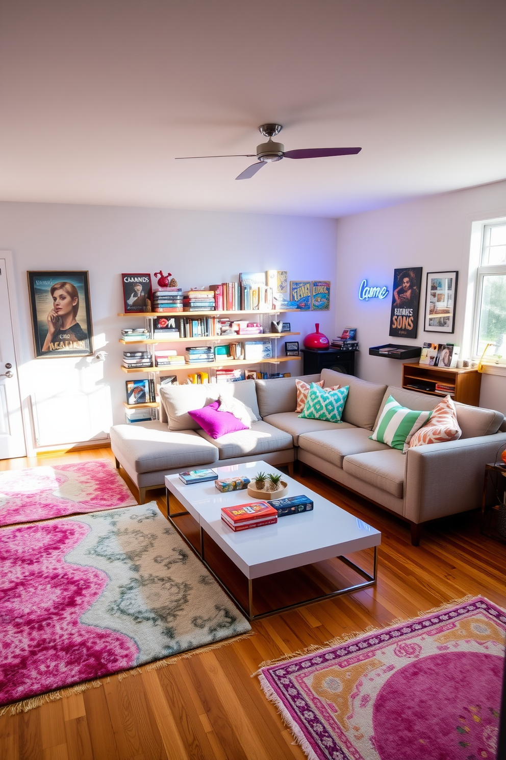 A vibrant game room filled with natural light. The space features a large sectional sofa adorned with colorful cushions, positioned around a sleek coffee table. Soft area rugs in pastel hues cover the hardwood floor, adding comfort and warmth to the room. A wall-mounted shelf displays an array of board games and collectibles, while a neon sign adds a playful touch.
