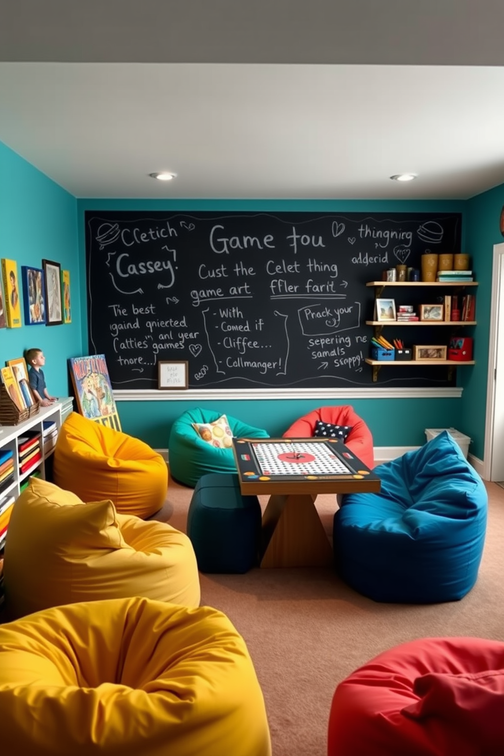 A vibrant game room featuring a chalkboard wall for creativity. The space is filled with colorful bean bags and a large table for board games, creating an inviting atmosphere for friends and family. The walls are painted in a bright teal color, enhancing the playful vibe. Shelves lined with games and art supplies add personality to the room, making it a perfect spot for fun and creativity.