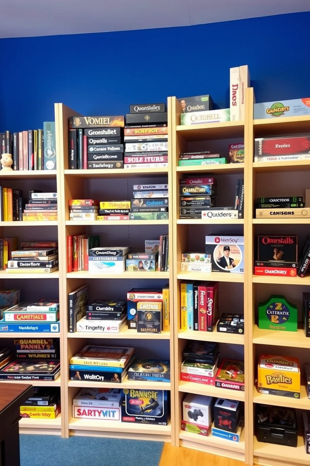 A vibrant game room filled with open shelving displaying a diverse collection of board games. The shelves are made of light wood and are neatly organized, with colorful boxes and game pieces artfully arranged for easy access.