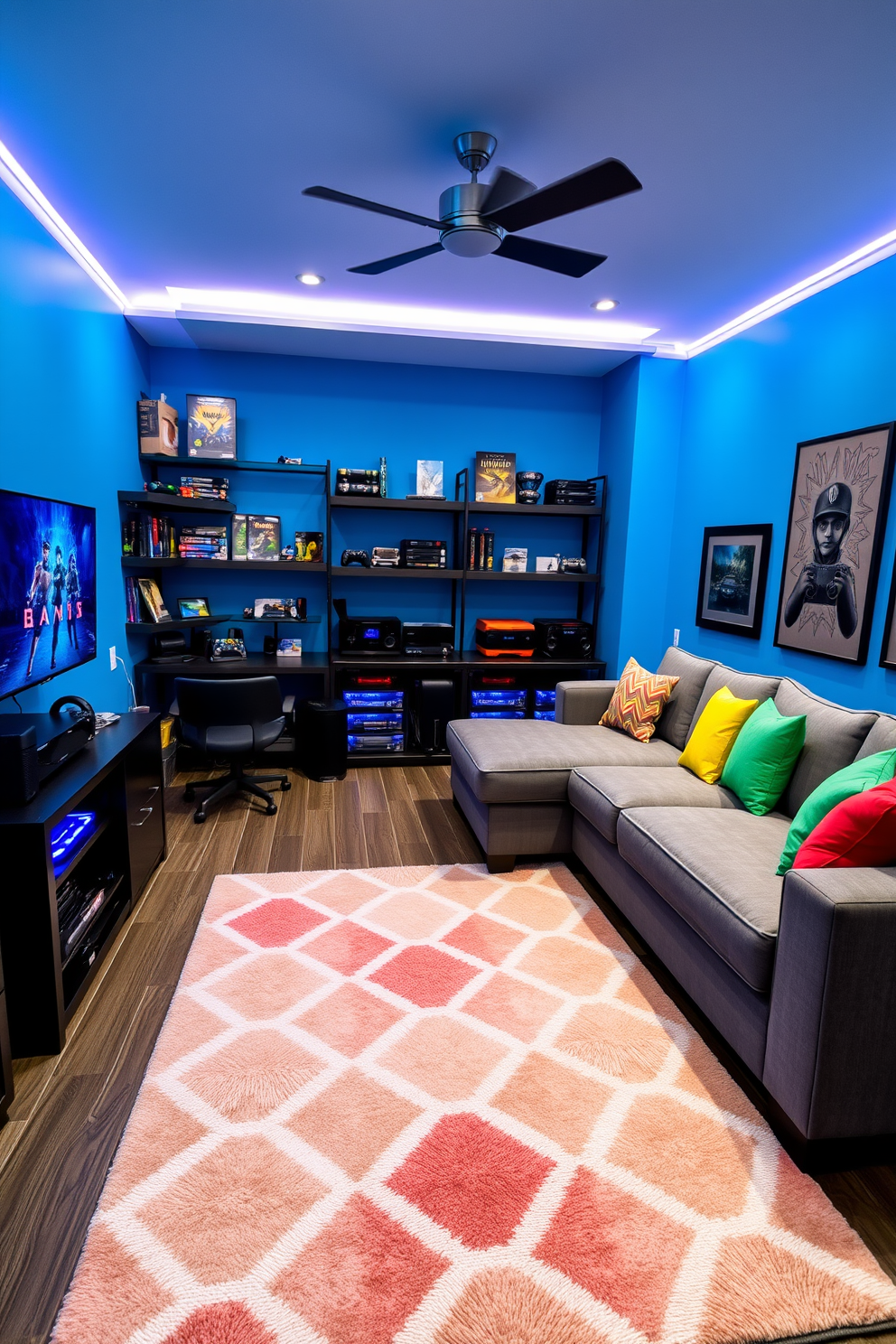A vibrant game room featuring a comfortable sectional sofa with colorful throw pillows facing a large wall-mounted TV. In one corner, a sleek gaming console station is equipped with the latest gaming console and accessories, surrounded by shelves filled with video games and collectibles. The walls are painted in a bold blue hue, complemented by LED strip lighting that adds a fun atmosphere. A plush area rug in geometric patterns lies on the floor, providing a cozy space for friends to gather and enjoy gaming sessions together.