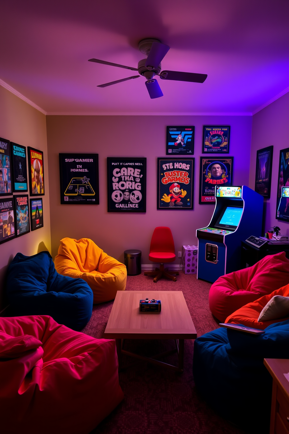A vibrant game room filled with playful energy. A vintage arcade machine stands proudly in one corner, surrounded by colorful bean bag chairs and a retro coffee table. The walls are adorned with framed posters of classic video games, creating a nostalgic atmosphere. Soft, ambient lighting gives the space a warm feel, inviting friends and family to enjoy hours of fun together.