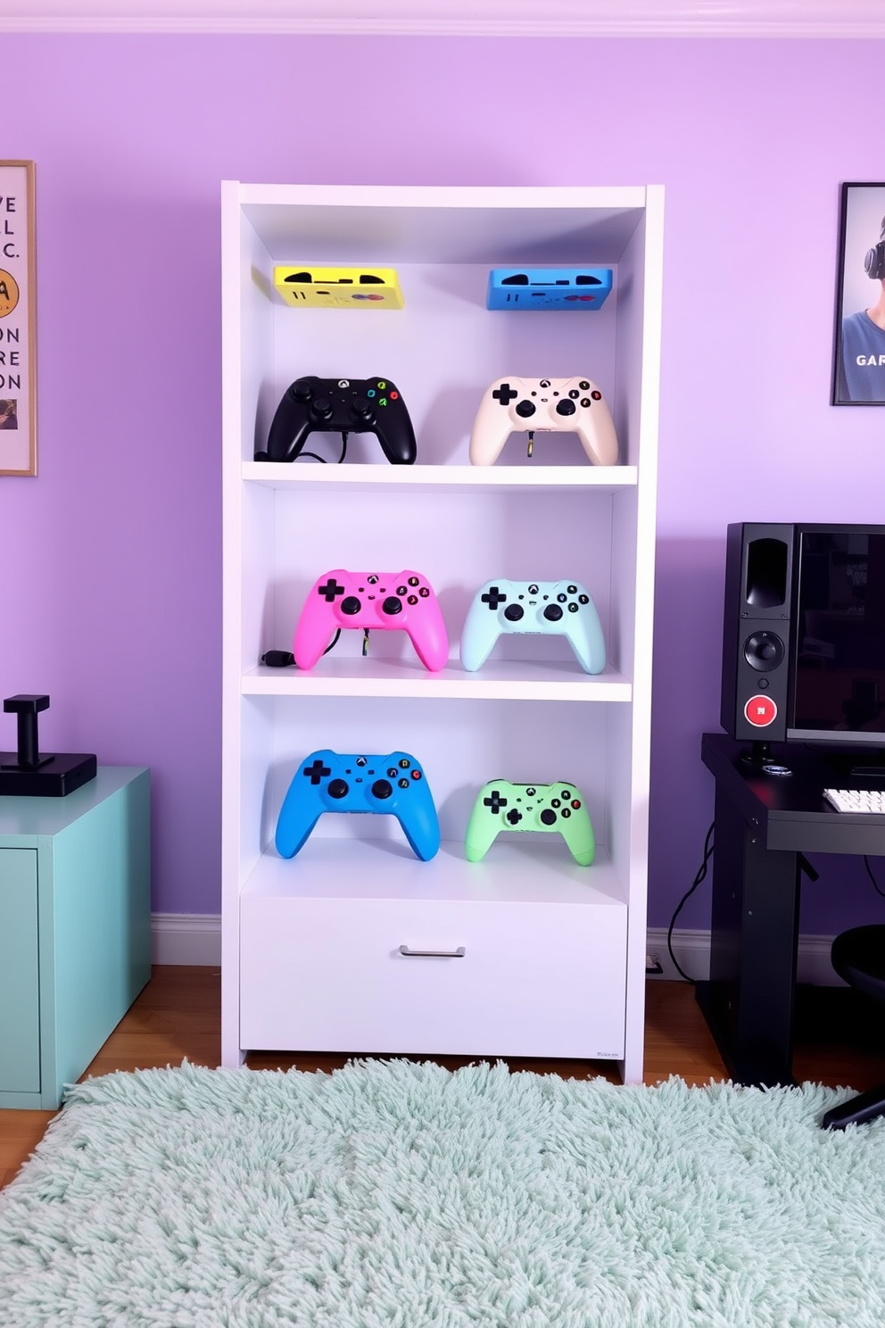 A vibrant game room featuring pastel colored gaming controllers displayed on a sleek white shelf. The walls are painted in soft lavender, and a plush mint green rug covers the floor, creating a cozy atmosphere for gaming sessions.