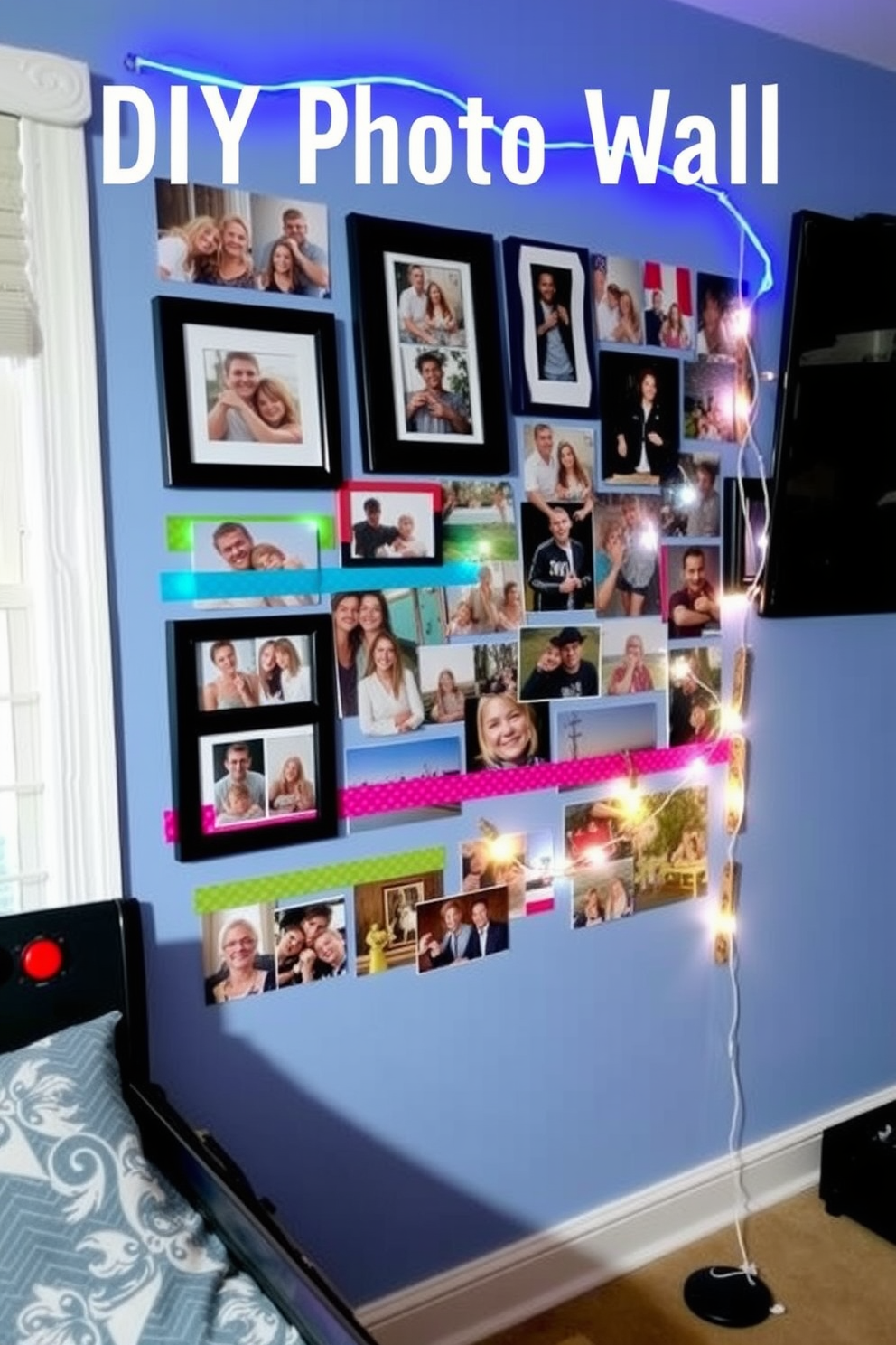 Create a DIY photo wall featuring a collage of cherished memories. Use a mix of framed and unframed photos in various sizes to create visual interest and a personal touch. Incorporate colorful washi tape or string lights to enhance the display. Choose a vibrant color palette that complements the overall theme of the game room for a cohesive look.