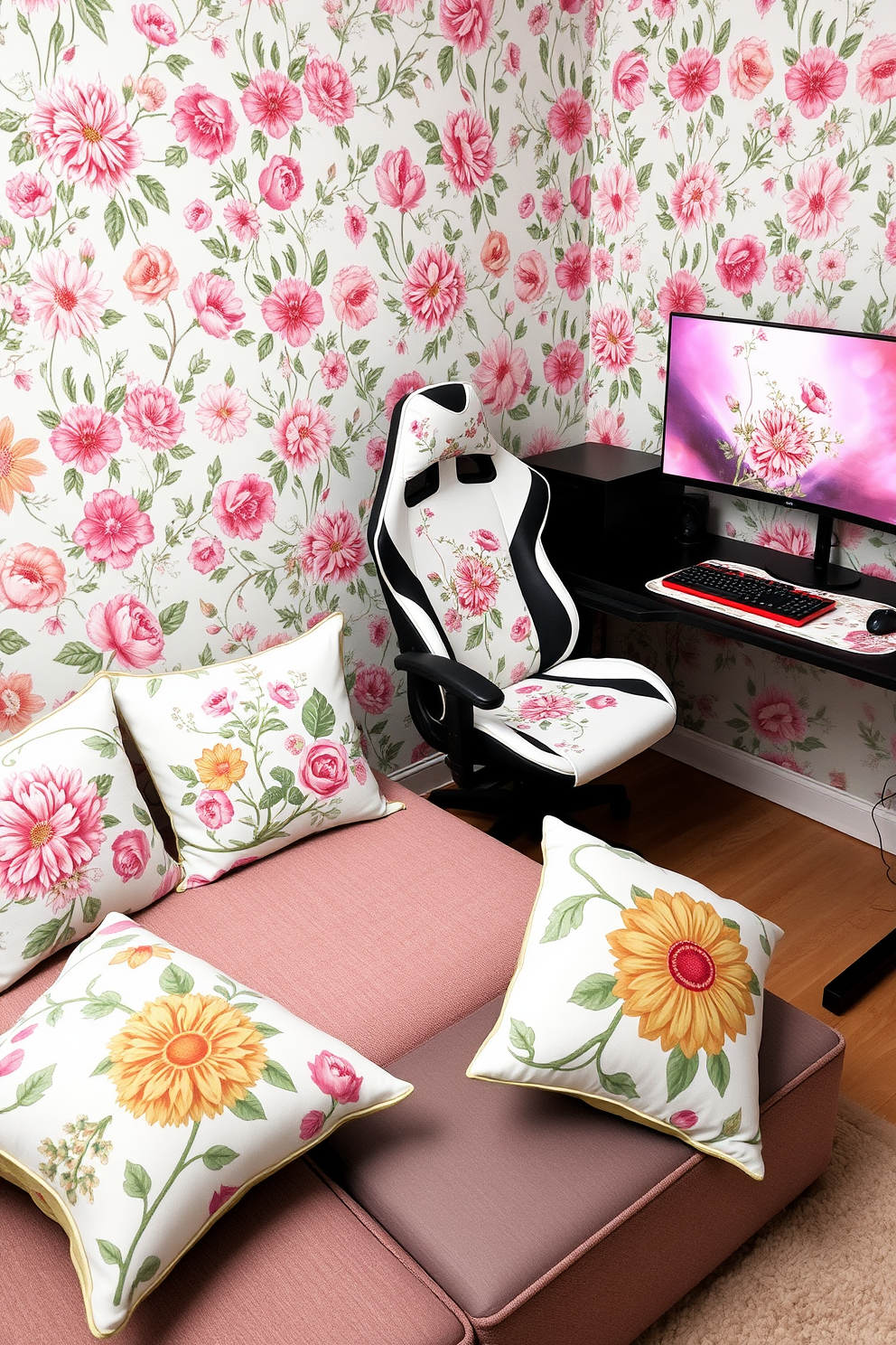Floral themed gaming accessories for spring. The room features a vibrant floral wallpaper with pastel colors, complemented by a plush gaming chair adorned with a botanical print. A sleek gaming desk is accented with a floral mouse pad and matching keyboard cover. Decorative cushions with flower motifs are scattered on a cozy seating area, creating a cheerful and inviting atmosphere.