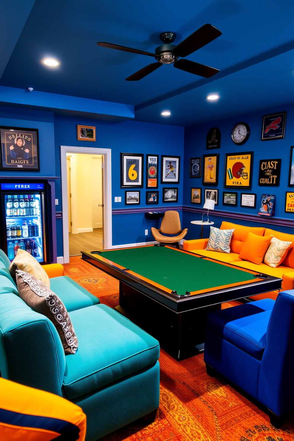 A vibrant game room filled with energy and excitement. There's a mini fridge tucked neatly in the corner, stocked with refreshing beverages for game nights. The walls are painted in a lively blue hue, adorned with framed sports memorabilia. Plush seating in bright colors surrounds a large game table, creating an inviting atmosphere for friends and family to gather.