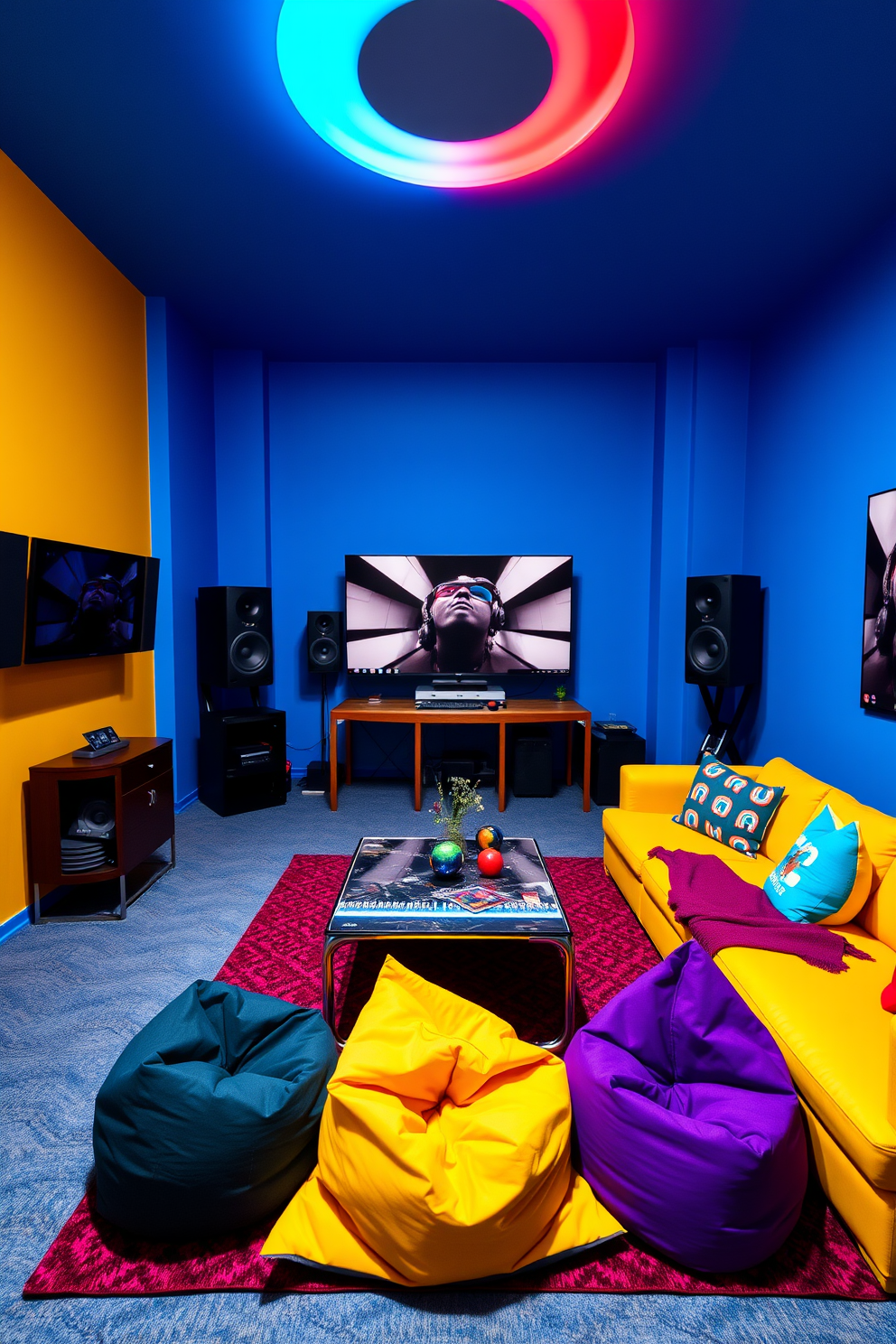A vibrant game room filled with energy and excitement. The walls are painted a bright blue, and a large sectional sofa in a bold yellow hue provides ample seating. In one corner, a sleek sound system is installed to create an immersive ambiance. A stylish coffee table sits in the center, surrounded by colorful bean bags for a playful touch.
