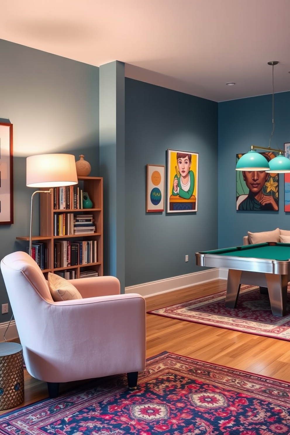 Create a cozy reading corner featuring a plush armchair in a soft pastel color. Surround the chair with a small bookshelf filled with an array of books and a floor lamp that provides warm lighting. Design a vibrant game room that includes a pool table and a comfortable sectional sofa. Add colorful artwork on the walls and a stylish rug that ties the space together while ensuring ample room for movement.
