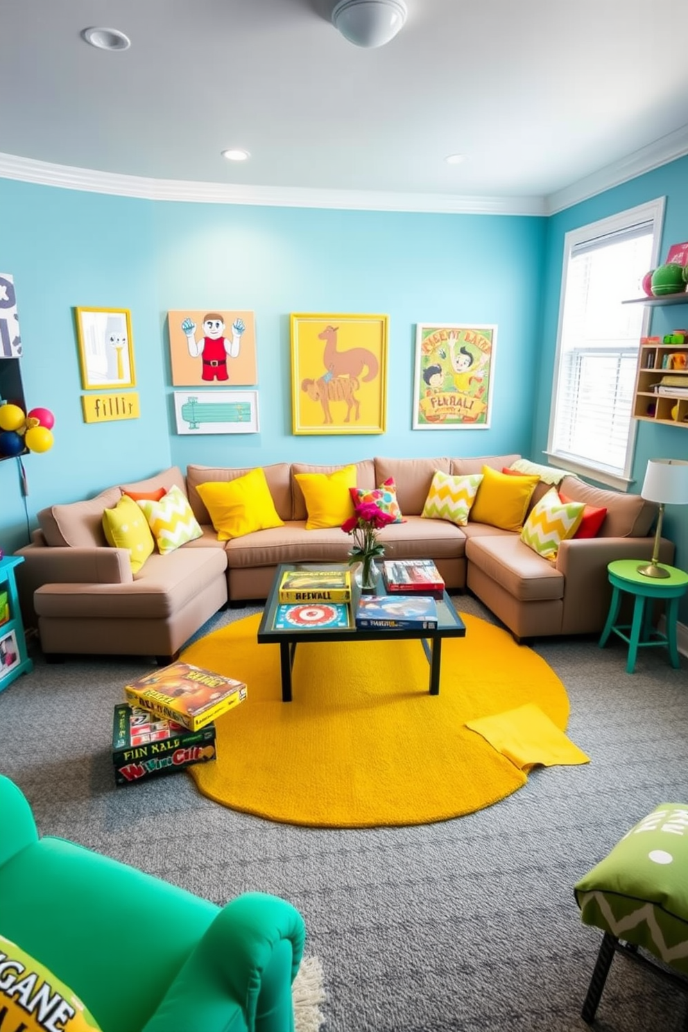 A vibrant game room filled with playful decor elements. The walls are painted in a cheerful light blue, accented with bright yellow and green furnishings that create an inviting atmosphere. A cozy seating area features a plush sectional sofa adorned with colorful throw pillows. A large coffee table in the center is surrounded by fun board games and a cheerful rug that ties the space together.