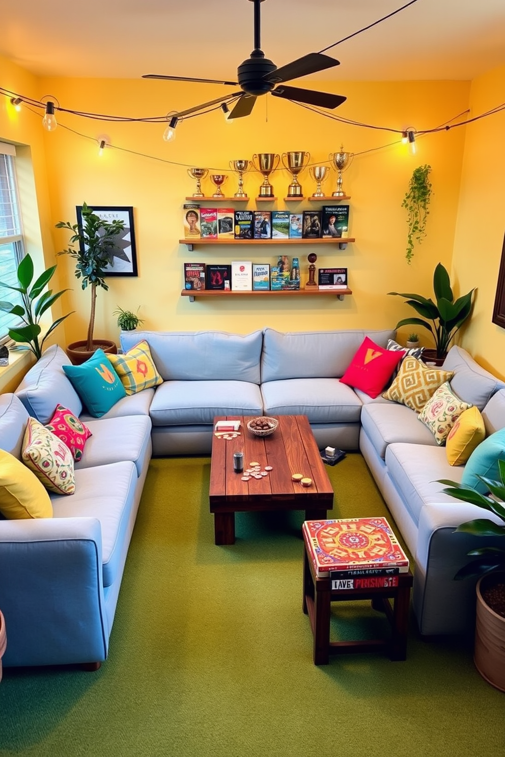 A vibrant game night area designed for spring. The walls are painted in a cheerful pastel yellow, and the floor features a soft green carpet that adds warmth. A large sectional sofa in light blue provides ample seating, adorned with colorful throw pillows. A rustic wooden coffee table sits in the center, surrounded by board games and snacks, creating an inviting atmosphere for friends and family. String lights hang from the ceiling, casting a warm glow, while potted plants in the corners bring a touch of nature indoors. A wall-mounted shelf displays an array of fun games and trophies, showcasing the spirit of friendly competition.