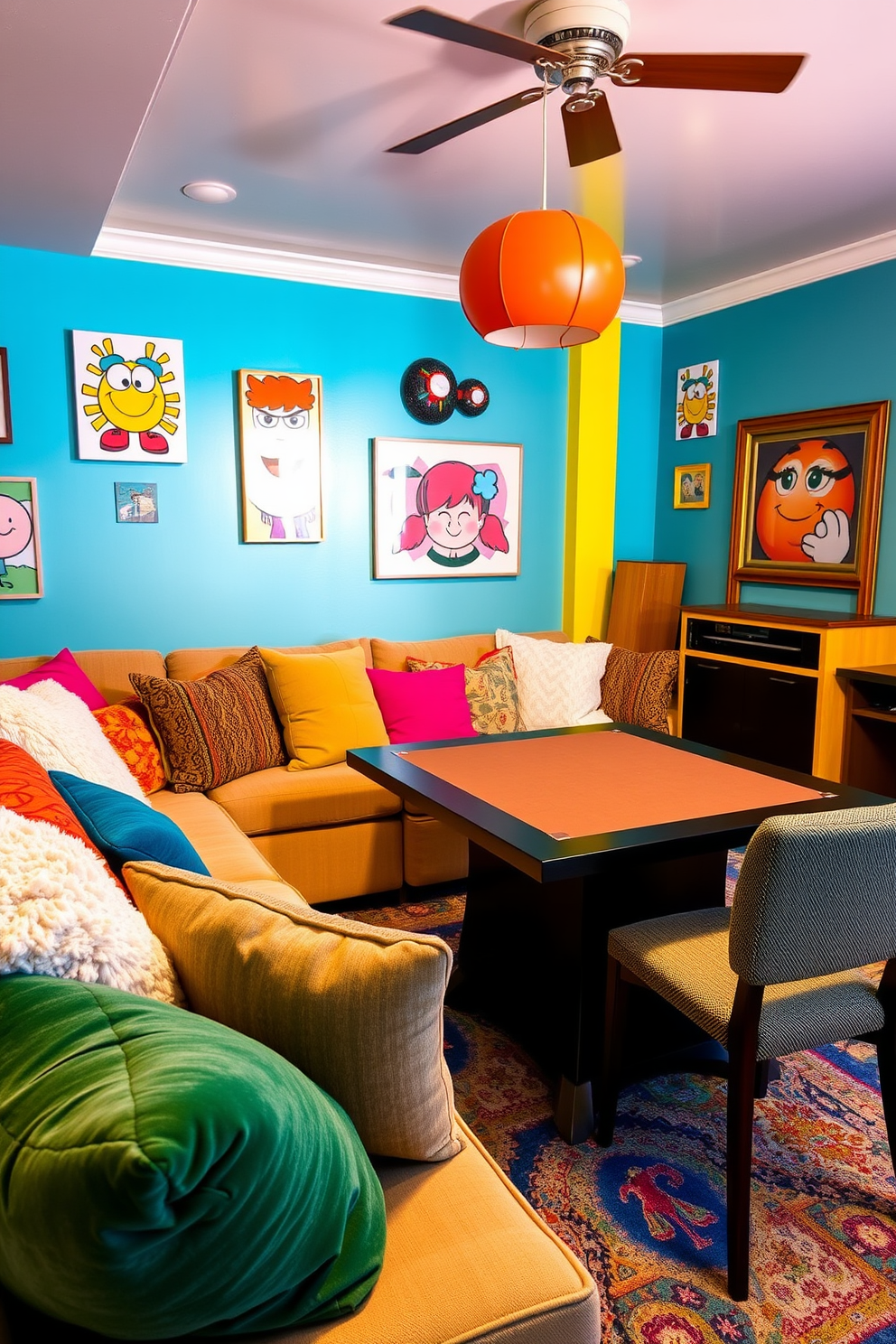 A vibrant game room filled with playful energy. Plush pillows in various textures are scattered across a cozy sectional sofa, inviting relaxation and fun. The walls are adorned with cheerful artwork and bright colors that reflect a lively atmosphere. A sleek game table sits in the center, surrounded by comfortable chairs, perfect for friendly competitions.