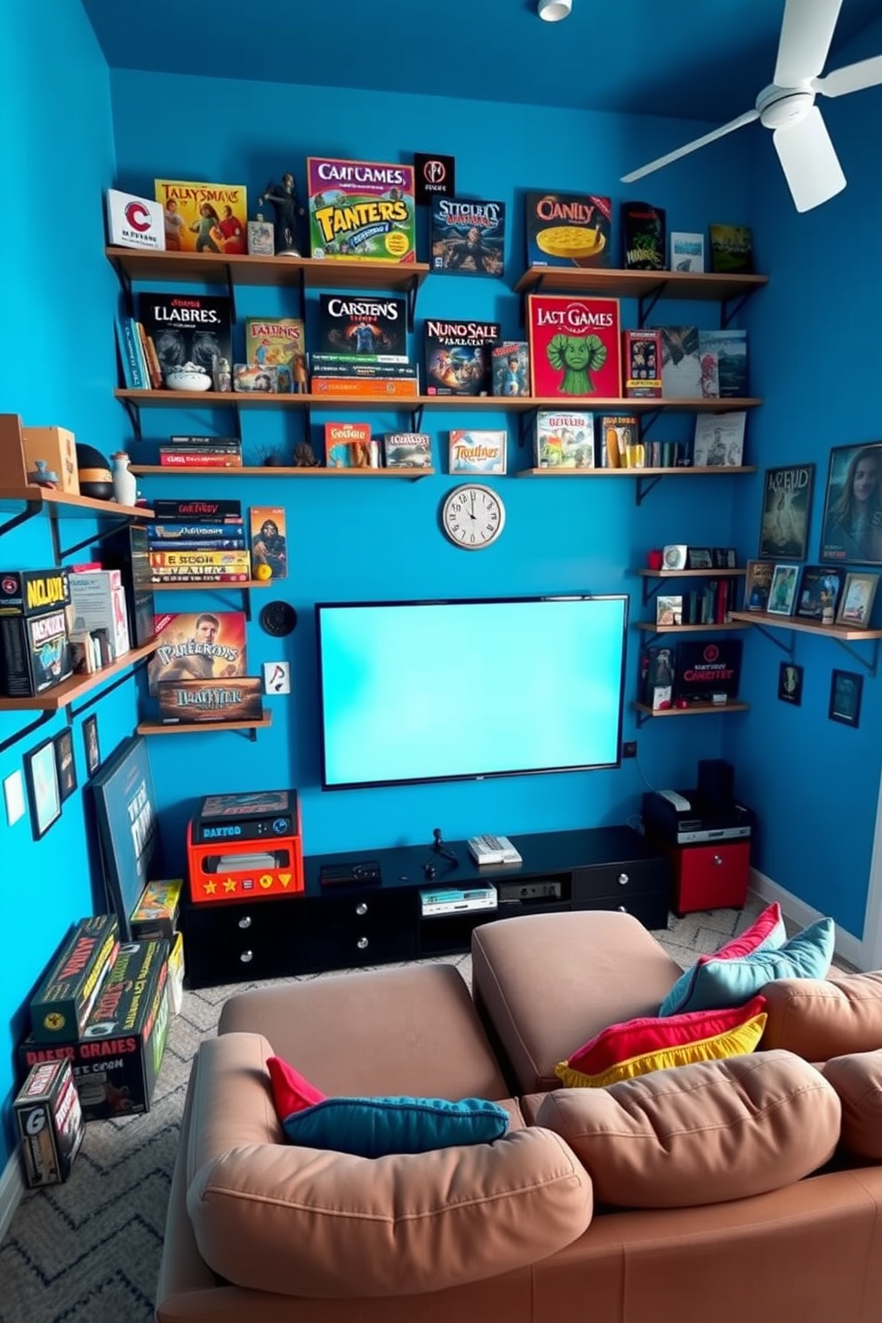A vibrant game room filled with excitement. Wall-mounted shelves display an array of board games and collectibles, adding a playful touch to the space. The walls are painted in a lively blue hue, creating an energetic atmosphere. A comfortable sectional sofa is positioned in front of a large screen, inviting friends and family to enjoy game nights together.