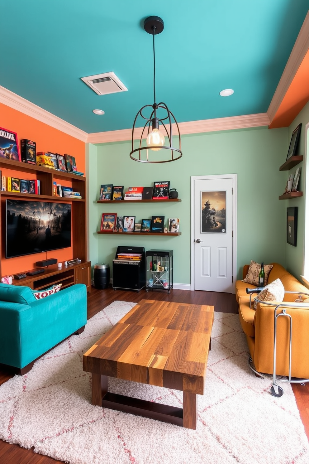 A vibrant game room designed for relaxation and entertainment. The space features a plush sectional sofa in a bold color, complemented by a sleek coffee table made of reclaimed wood. On one wall, a large flat-screen TV is mounted, surrounded by shelves filled with games and collectibles. A unique pendant light fixture with a modern design hangs above the coffee table, adding a touch of flair to the room. The walls are painted in a cheerful pastel hue, while the floor is covered with a soft area rug that enhances comfort. A stylish bar cart in the corner invites guests to enjoy refreshments during game nights.