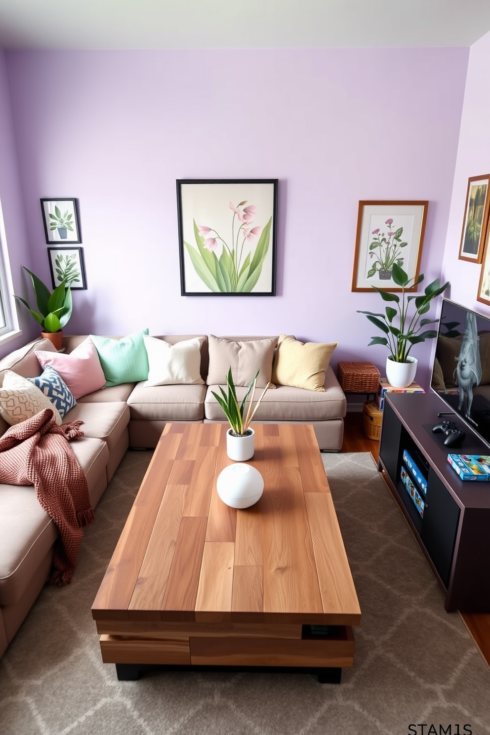 A vibrant game room designed for spring enjoyment features a cozy seating area with a plush sectional sofa adorned with pastel-colored cushions. A large coffee table made of reclaimed wood sits at the center, surrounded by playful decor elements like potted plants and a seasonal scent diffuser that fills the air with fresh floral notes. The walls are painted in a soft lavender hue, creating a cheerful backdrop for framed artwork showcasing nature-inspired themes. A stylish rug with a geometric pattern anchors the space, while a sleek gaming console and board games are neatly arranged on a modern media unit.