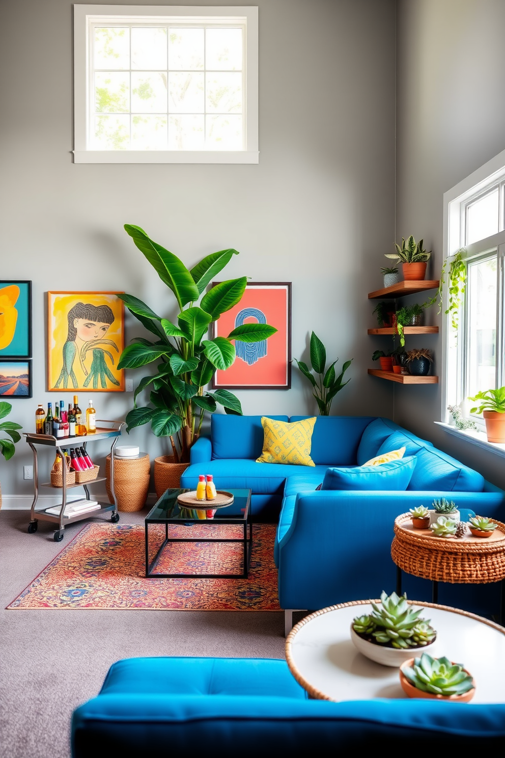 A vibrant game room filled with natural light and energy. The walls are painted in a soft gray hue, providing a neutral backdrop for colorful artwork and decor. A large sectional sofa in a bright blue fabric is positioned in the center, surrounded by a sleek coffee table. In one corner, a stylish bar cart is stocked with drinks and snacks, inviting social gatherings. Incorporate lush green plants in various sizes to bring a refreshing touch of nature to the space. A tall fiddle leaf fig stands proudly in a woven basket next to the window, while smaller succulents decorate the shelves.