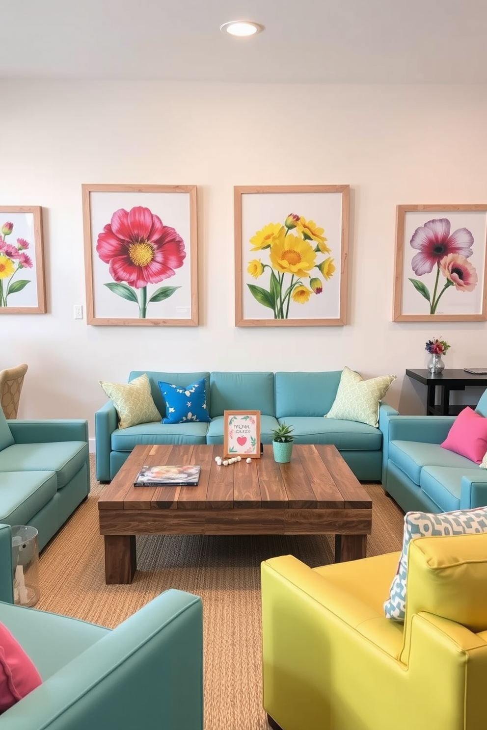 Spring inspired artwork on the walls features vibrant floral prints in soft pastels. The artwork is framed in light wood, creating a fresh and airy atmosphere. The game room is designed with comfortable seating in bright colors to encourage relaxation and fun. A large coffee table made of reclaimed wood sits in the center, surrounded by playful decor and board games.