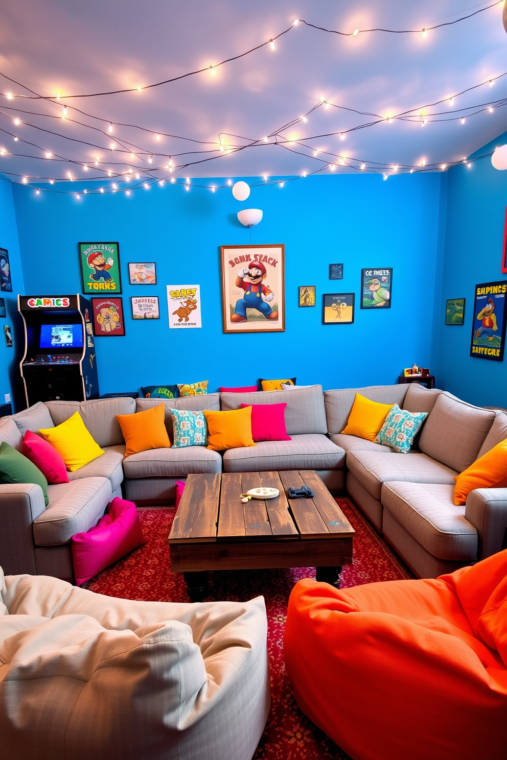A vibrant game room filled with energy and creativity. The walls are painted in a bright blue hue, adorned with colorful artwork and posters of classic games. Cozy seating options include a large sectional sofa in a soft gray fabric, complemented by bright throw pillows. A rustic wooden coffee table sits at the center, surrounded by plush bean bags for additional seating. Fairy lights are draped across the ceiling, casting a warm and inviting glow throughout the space. A vintage arcade machine stands in one corner, adding a nostalgic touch to the lively atmosphere.