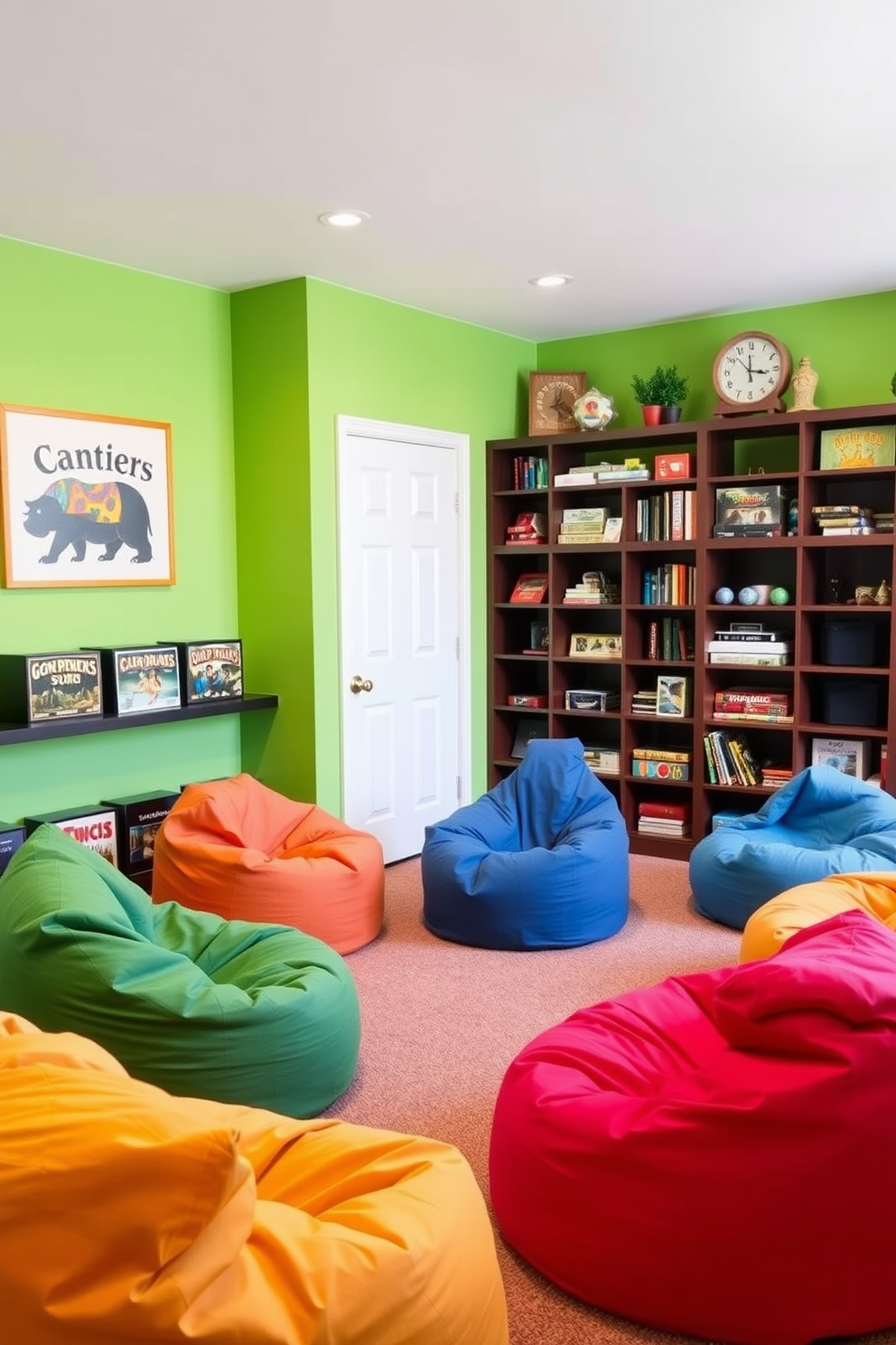 A vibrant game room adorned with colorful bean bags for seating creates a playful and inviting atmosphere. The walls are painted in a bright hue, and shelves are filled with board games and playful decor, providing an exciting backdrop for fun gatherings.