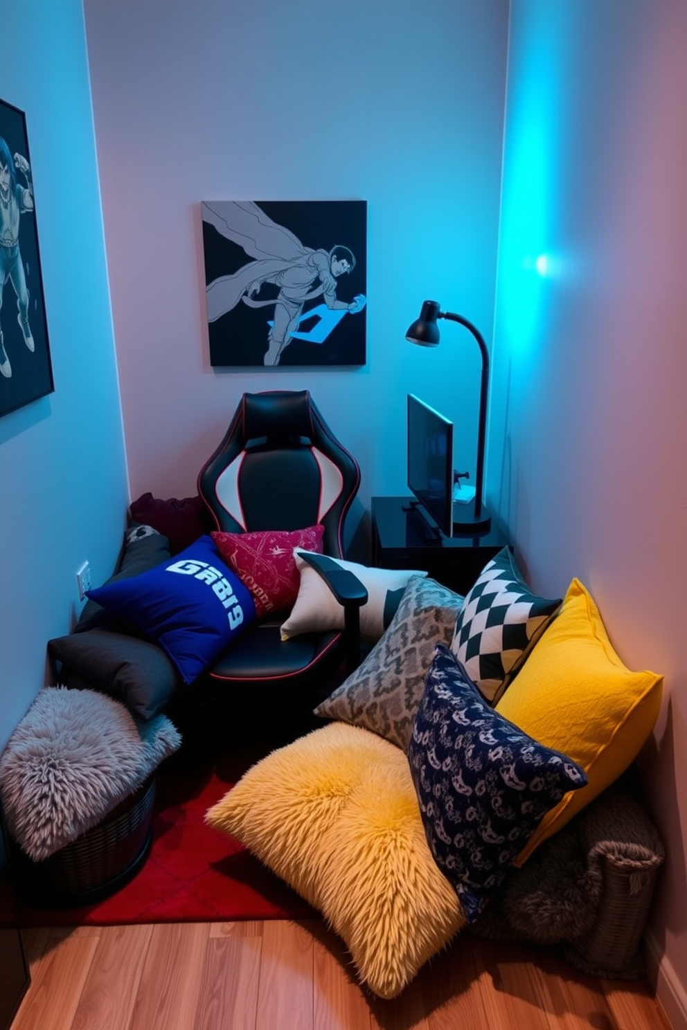 Create a cozy gaming nook featuring plush cushions in various colors and patterns. The space should include a comfortable gaming chair, a small side table for snacks, and ambient lighting to enhance the gaming experience.
