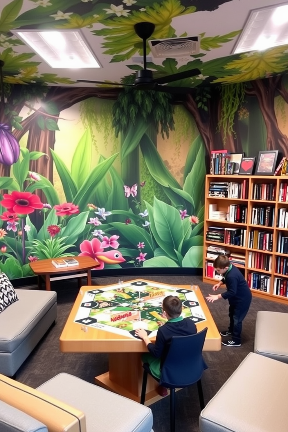 A vibrant game room featuring a nature-inspired mural that showcases lush greenery and colorful flowers. The space is filled with comfortable seating, a large table for board games, and shelves stocked with various games and books.