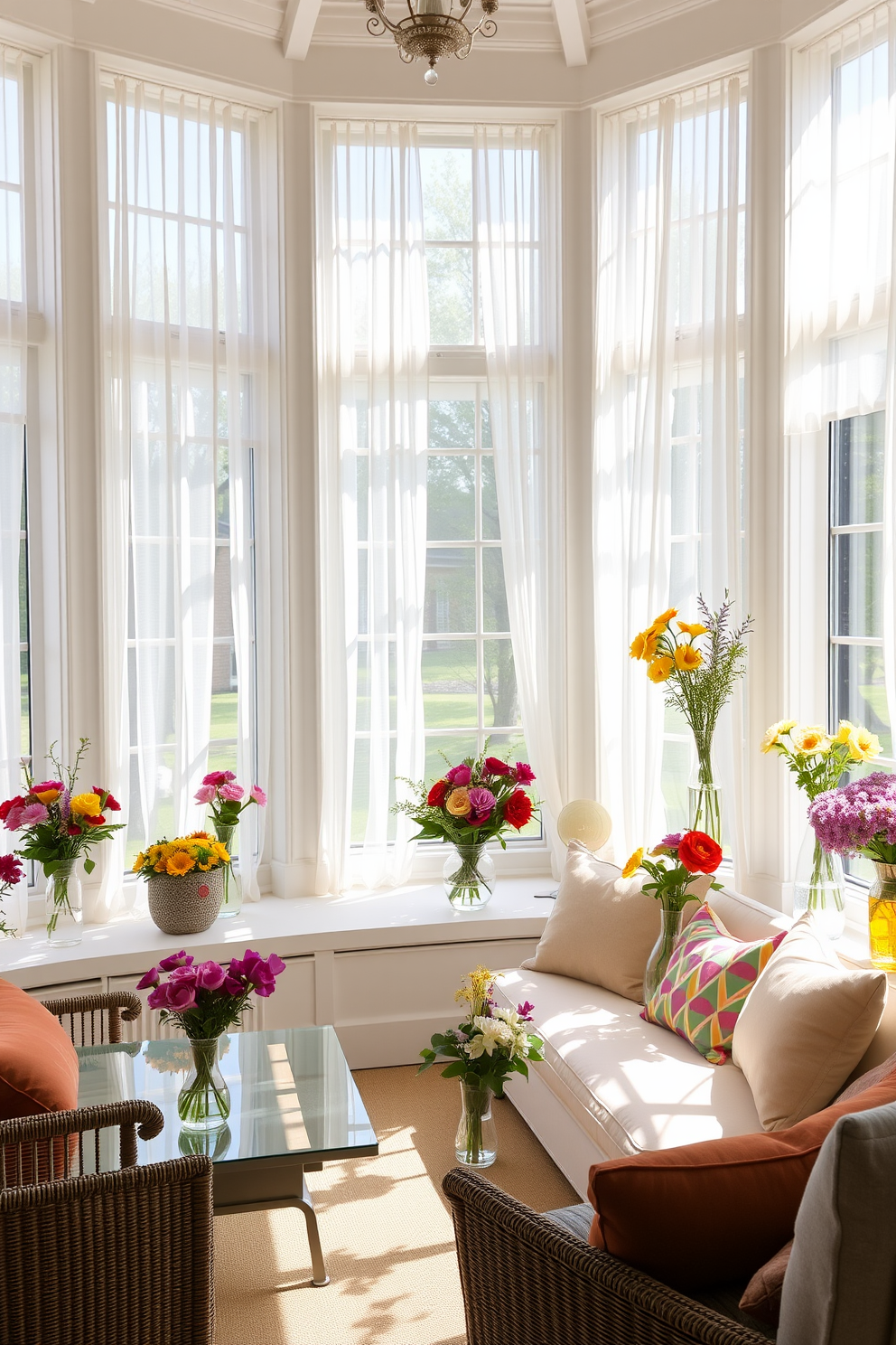 A bright and airy sunroom filled with natural light. The space features large windows adorned with sheer white curtains, allowing the sunlight to filter through beautifully. In the center of the room, a comfortable seating area includes a light-colored sofa and vibrant cushions. Fresh floral arrangements in various colorful vases are placed on the coffee table and window sills, creating a cheerful atmosphere.