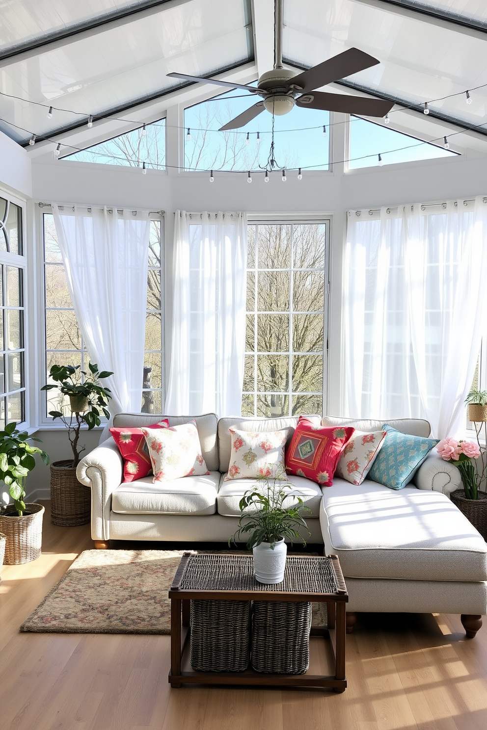 Create a bright and airy sunroom filled with natural light. The space features large windows adorned with sheer white curtains, allowing the spring sunshine to flood in. In the center, place a cozy seating area with a light-colored sectional sofa and colorful throw pillows. Hang string lights across the ceiling to create a warm and inviting ambiance in the evenings.