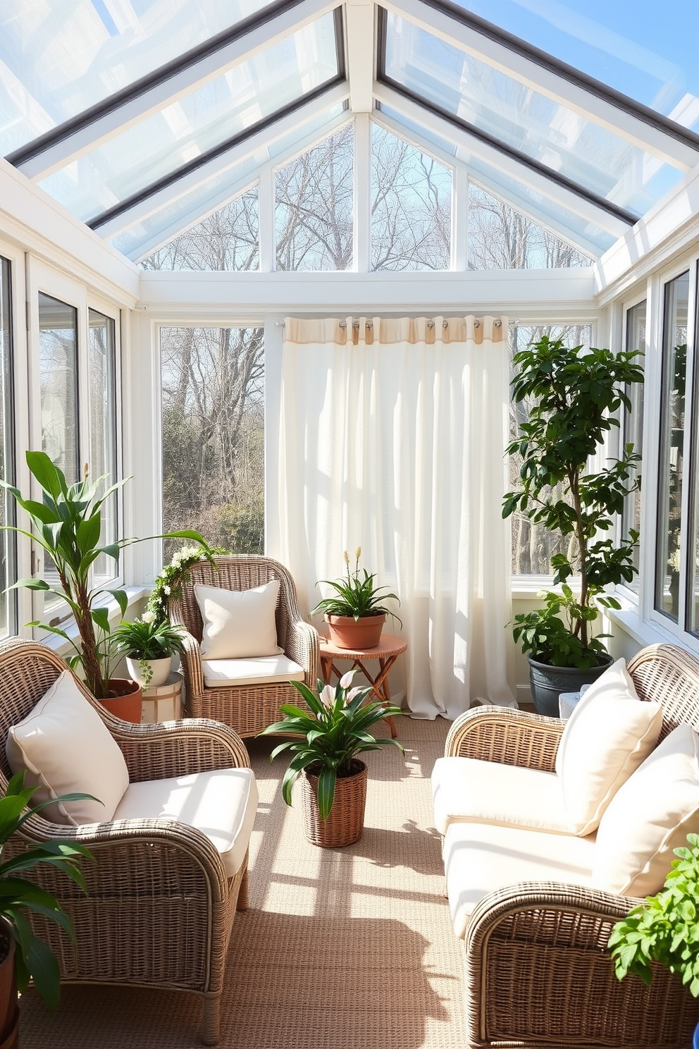 A bright and airy sunroom filled with wicker furniture that creates a natural look. Soft pastel cushions adorn the chairs, and potted plants are strategically placed to enhance the fresh spring vibe. Large windows allow ample sunlight to flood the space, creating a warm and inviting atmosphere. A light, sheer curtain gently sways in the breeze, adding to the serene environment.