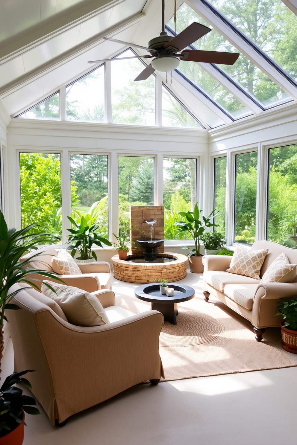 A bright and airy sunroom filled with natural light. Large windows showcase lush greenery outside, while a small indoor fountain adds a soothing ambiance to the space. Comfortable seating arrangements feature a mix of plush armchairs and a cozy loveseat, all adorned with soft, pastel-colored cushions. The floors are covered with a light, woven rug, and potted plants are strategically placed to enhance the refreshing atmosphere.