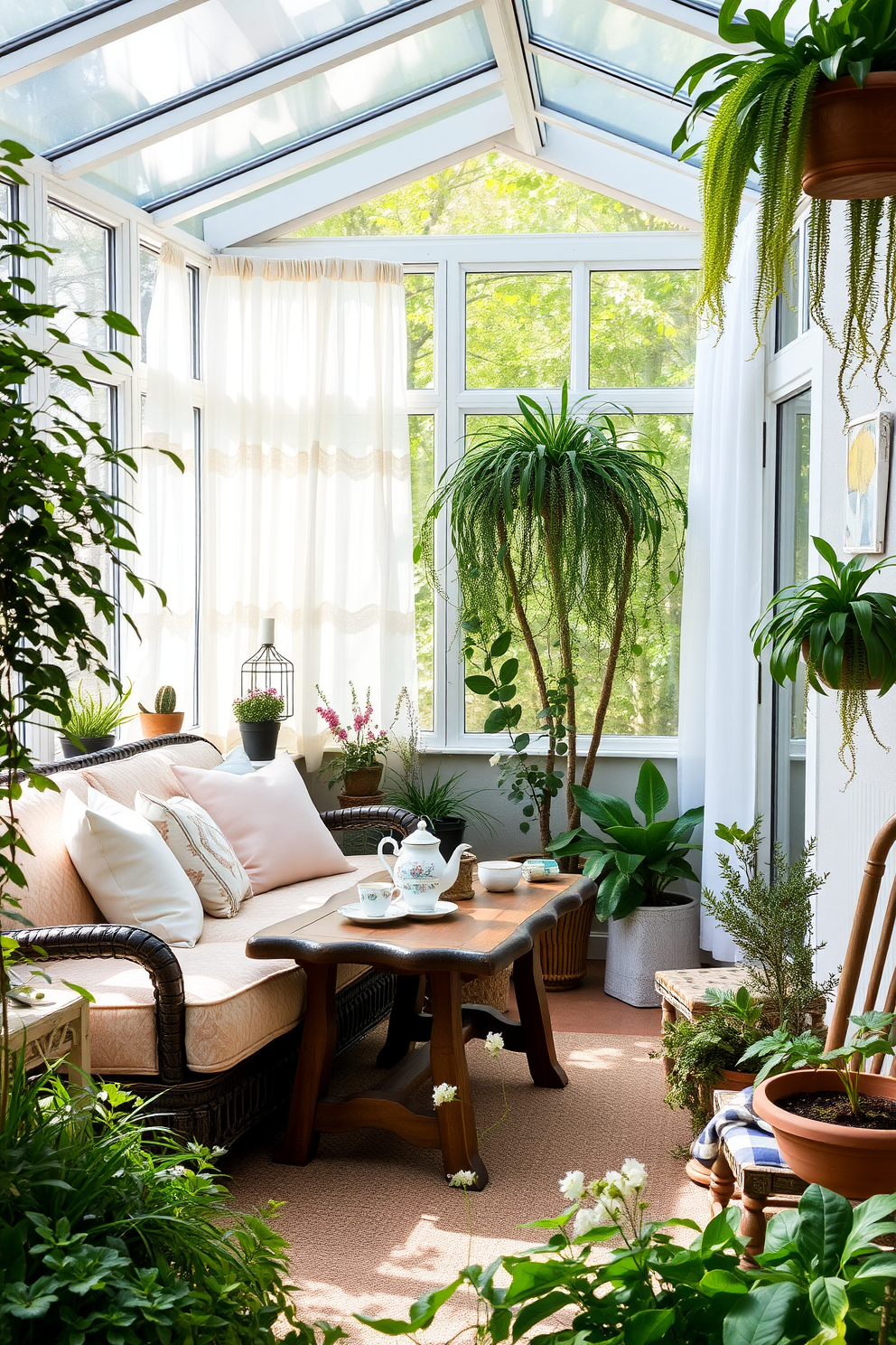 A charming sunroom filled with natural light. The space features a cozy seating area with a plush sofa adorned with pastel cushions and a vintage tea set displayed on a rustic wooden table. Lush greenery surrounds the room, with potted plants and hanging ferns adding a refreshing touch. Soft sheer curtains flutter gently in the spring breeze, enhancing the inviting atmosphere.