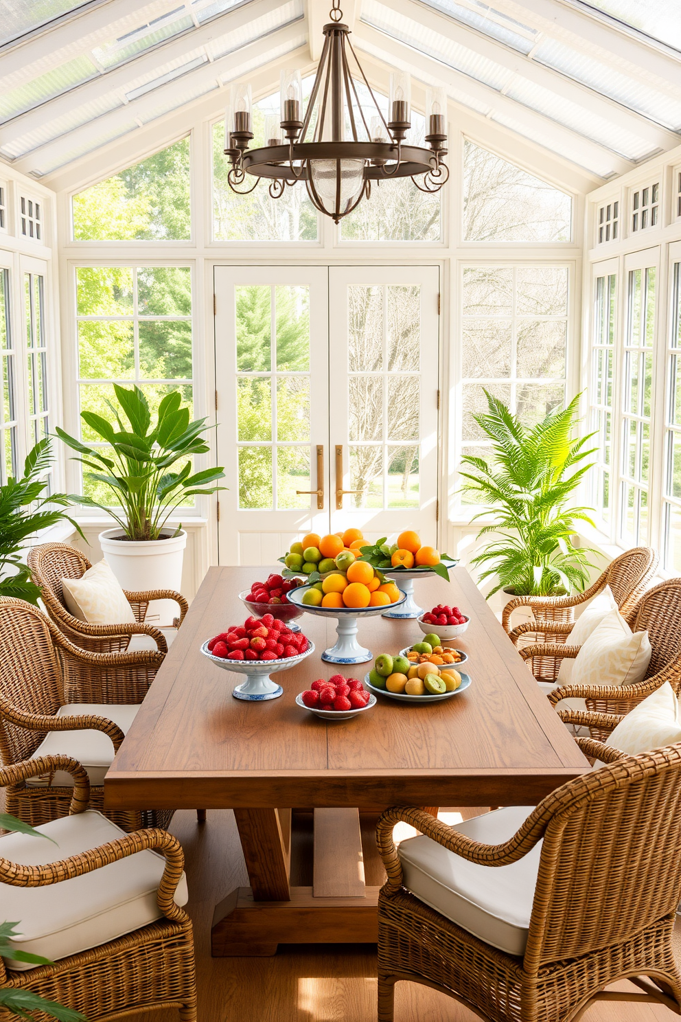 A bright and airy sunroom filled with natural light. The centerpiece is a large wooden table adorned with an assortment of seasonal fruits like strawberries, oranges, and kiwis in elegant bowls. Surrounding the table are comfortable wicker chairs with soft pastel cushions. Lush green plants are placed in the corners, creating a fresh and inviting atmosphere perfect for spring.