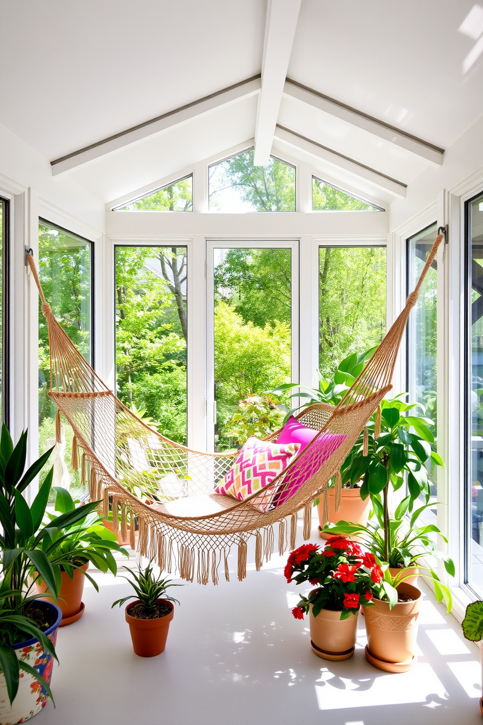 A bright and airy sunroom filled with natural light. Large windows line the walls, showcasing lush greenery outside and creating a serene atmosphere. In one corner, a cozy hammock is suspended between two sturdy posts, inviting relaxation. Surrounding the hammock are vibrant potted plants and colorful throw pillows that enhance the cheerful spring vibe.