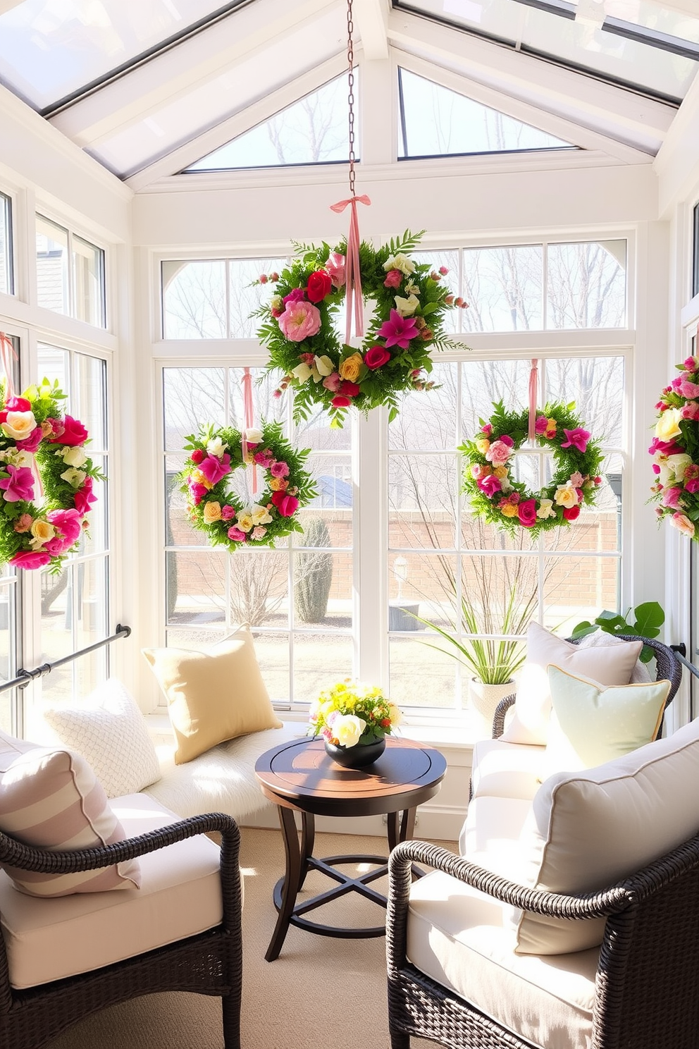 A bright and airy sunroom filled with natural light. The windows are adorned with vibrant seasonal wreaths made of fresh flowers and greenery, bringing a touch of spring indoors. Cozy seating is arranged around a small coffee table, inviting relaxation and conversation. Soft pastel cushions complement the decor, creating a cheerful and inviting atmosphere.