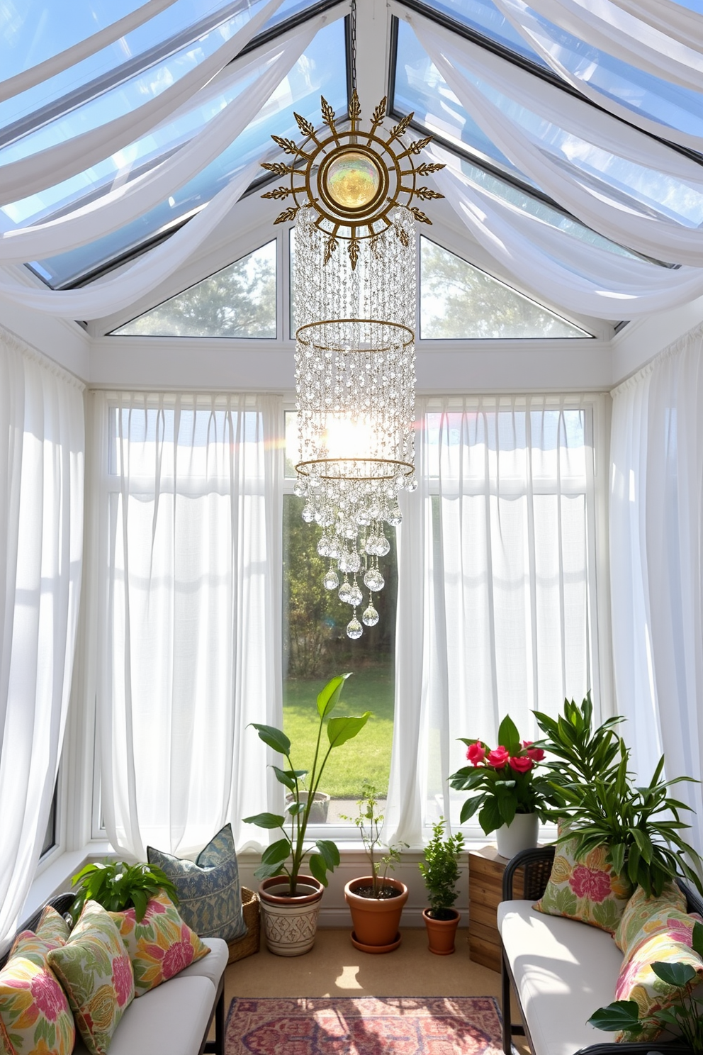 A bright and airy sunroom filled with natural light. The focal point is a stunning sun-catching crystal mobile hanging from the ceiling, reflecting rainbows across the space. Surrounding the mobile are large windows draped with sheer white curtains. Comfortable seating with colorful cushions invites relaxation, while potted plants add a touch of greenery throughout the room.