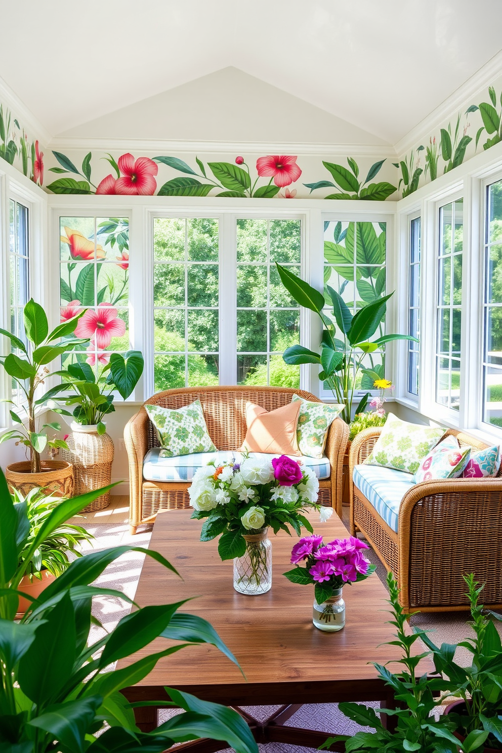 Create a bright and airy sunroom filled with natural light. The walls are adorned with vibrant botanical prints that bring the beauty of nature indoors. In the center, place a comfortable rattan sofa with colorful cushions. Surround the seating area with lush green plants and a wooden coffee table topped with fresh flowers.