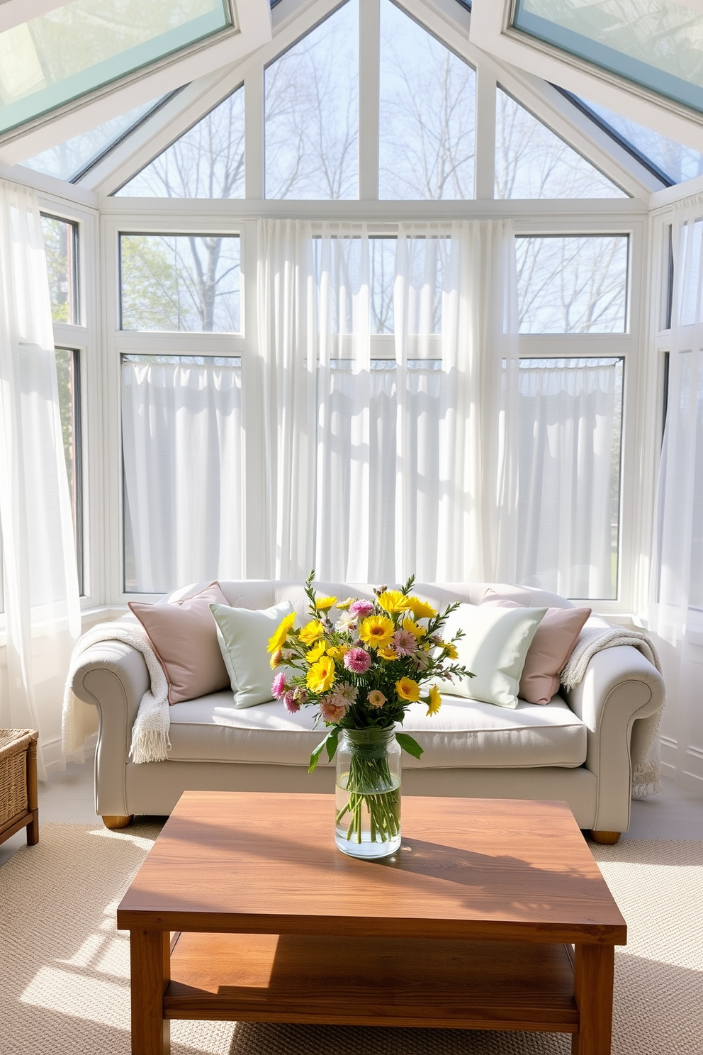 A bright and airy sunroom filled with natural light. The space features large windows adorned with sheer white curtains, allowing the gentle spring breeze to flow through. In the center, a comfortable seating arrangement includes a plush sofa layered with pastel-colored cushions and throws. A wooden coffee table sits in front, topped with a vase of fresh spring flowers, enhancing the cheerful ambiance.