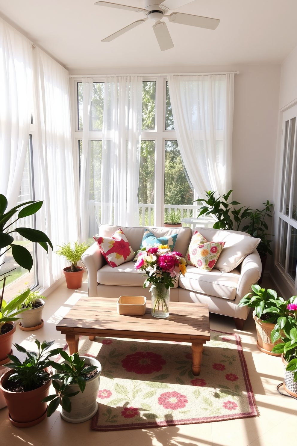 A bright and airy sunroom filled with natural light. There are large windows adorned with sheer white curtains that gently flutter in the breeze. In the center, a cozy seating area features a light-colored sectional sofa with colorful throw pillows. A cheerful welcome mat with a floral design greets visitors at the entrance. Potted plants in various sizes are strategically placed around the room, adding a touch of greenery. A rustic wooden coffee table holds a vase of fresh flowers, enhancing the cheerful atmosphere.