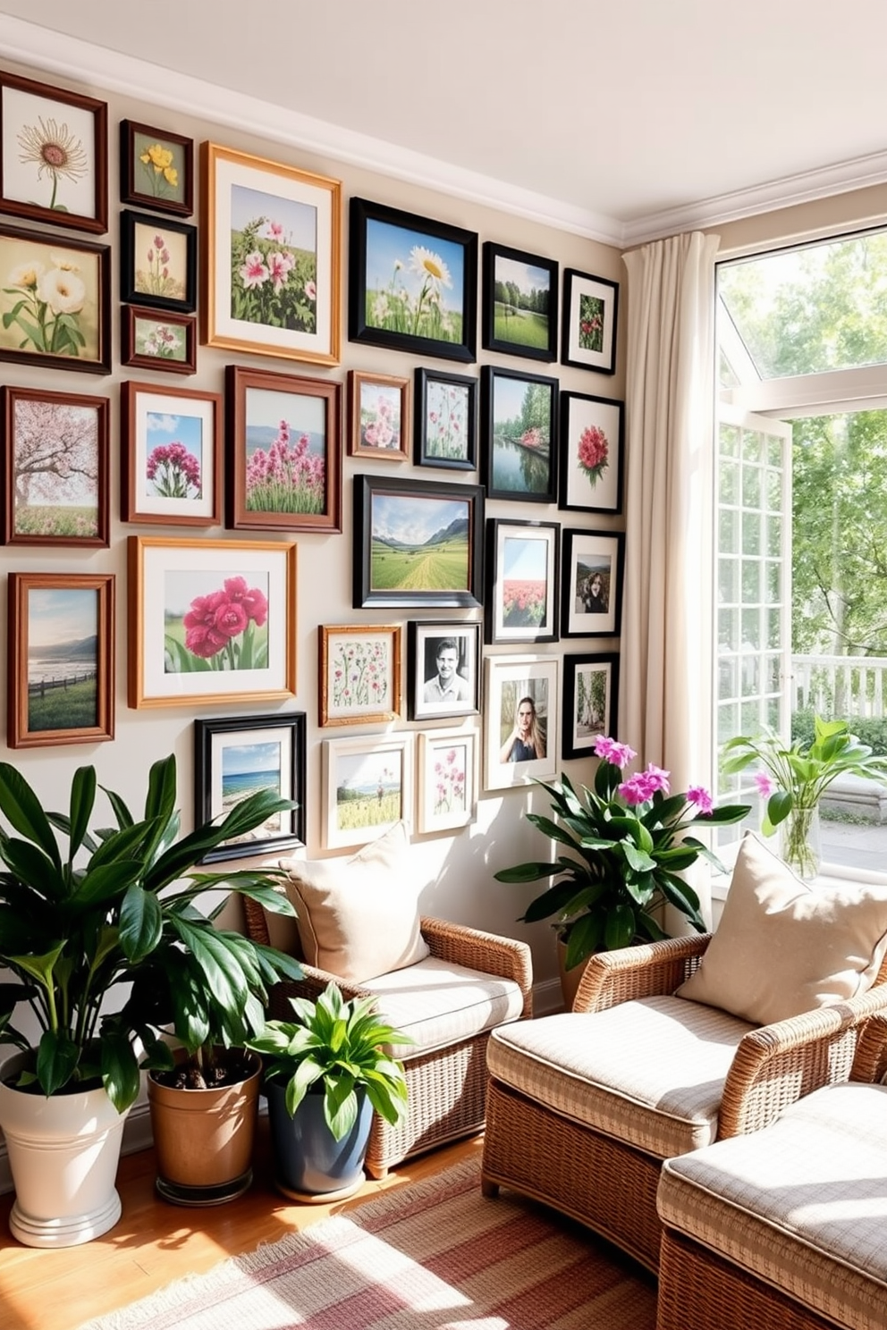 Create a gallery wall featuring an array of spring photographs showcasing blooming flowers and vibrant landscapes. The wall is adorned with various frame styles and sizes, creating an eclectic yet harmonious display. In the sunroom, incorporate light and airy fabrics for curtains to allow natural light to flood the space. Add potted plants and comfortable seating to create a cozy retreat that celebrates the beauty of spring.
