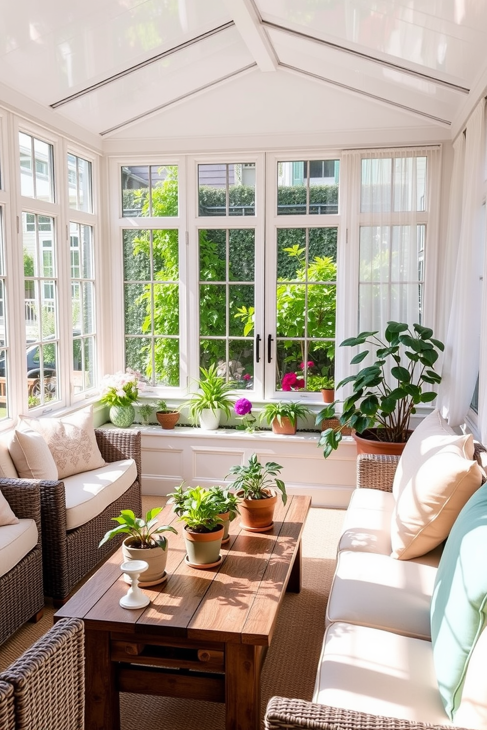 A bright and airy sunroom filled with natural light. Large windows line the walls, showcasing a small indoor garden with lush greenery and colorful flowers. Comfortable seating is arranged around a rustic wooden coffee table, adorned with decorative plant pots. Soft, pastel-colored cushions add a touch of warmth, while sheer curtains gently filter the sunlight.