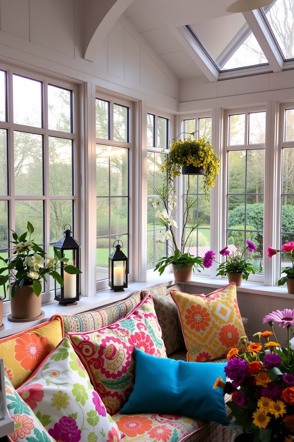 A cozy sunroom filled with natural light and vibrant spring decor. Decorative lanterns are placed on the window sills, casting a warm evening glow as the sun sets. Brightly colored cushions adorn a comfortable seating area with a mix of floral and geometric patterns. Potted plants and fresh flowers add a touch of nature, enhancing the inviting atmosphere.
