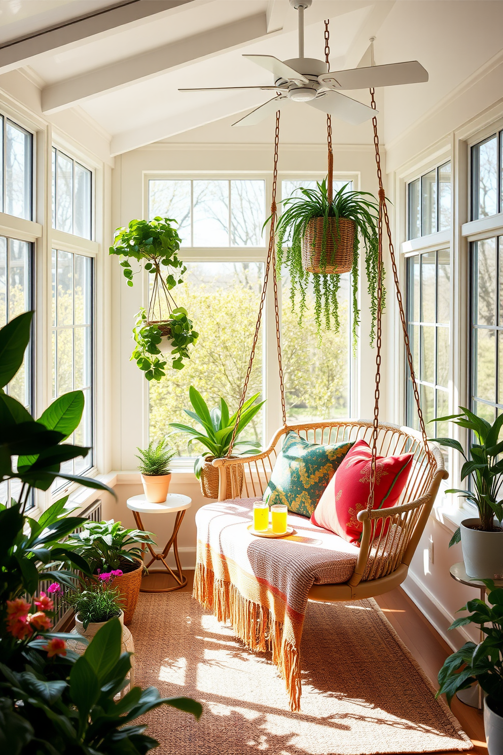 A bright and airy sunroom filled with natural light. The space features a comfy swing chair suspended from the ceiling, surrounded by lush indoor plants and colorful throw pillows. Large windows allow the warm spring sun to flood in, creating a cheerful atmosphere. A cozy area rug anchors the seating area, while a small side table holds refreshing beverages for relaxing afternoons.