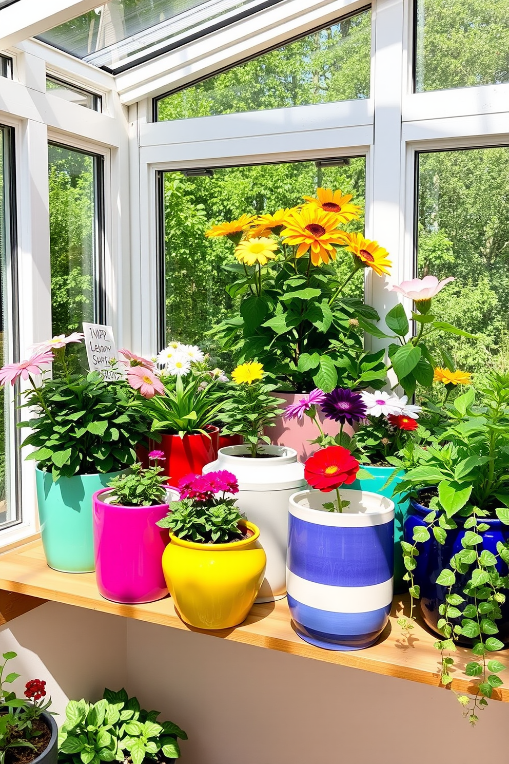 A bright sunroom filled with natural light. Colorful ceramic pots in various sizes are arranged on a wooden shelf, each filled with vibrant green plants and blooming flowers.