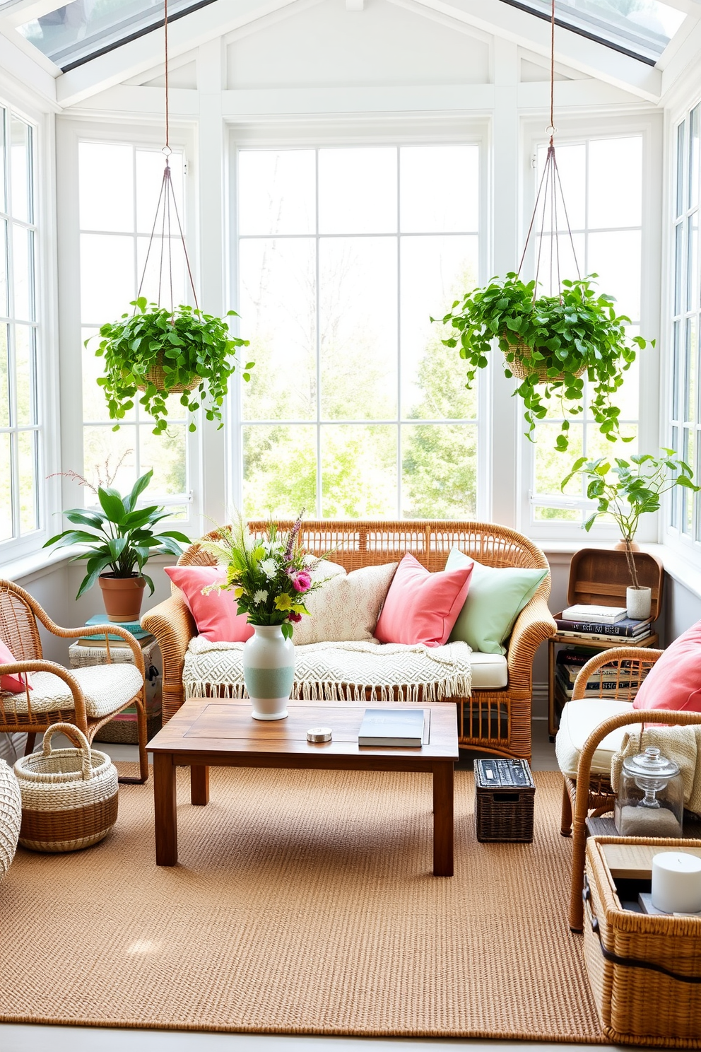 A bright and airy sunroom filled with natural light. The walls are adorned with large windows framed in white, allowing the sun to illuminate the space. In the center, a comfortable rattan sofa is layered with colorful throw pillows and a soft knitted blanket. A wooden coffee table sits in front, topped with a ceramic vase filled with fresh spring flowers. On one side, a cozy reading nook features a plush armchair and a small side table with a stack of books. The floor is covered with a light jute rug that adds warmth and texture to the room. Hanging planters filled with vibrant greenery are suspended from the ceiling, creating a lively atmosphere. A mix of woven baskets and decorative boxes are placed around the room for added functionality and style.