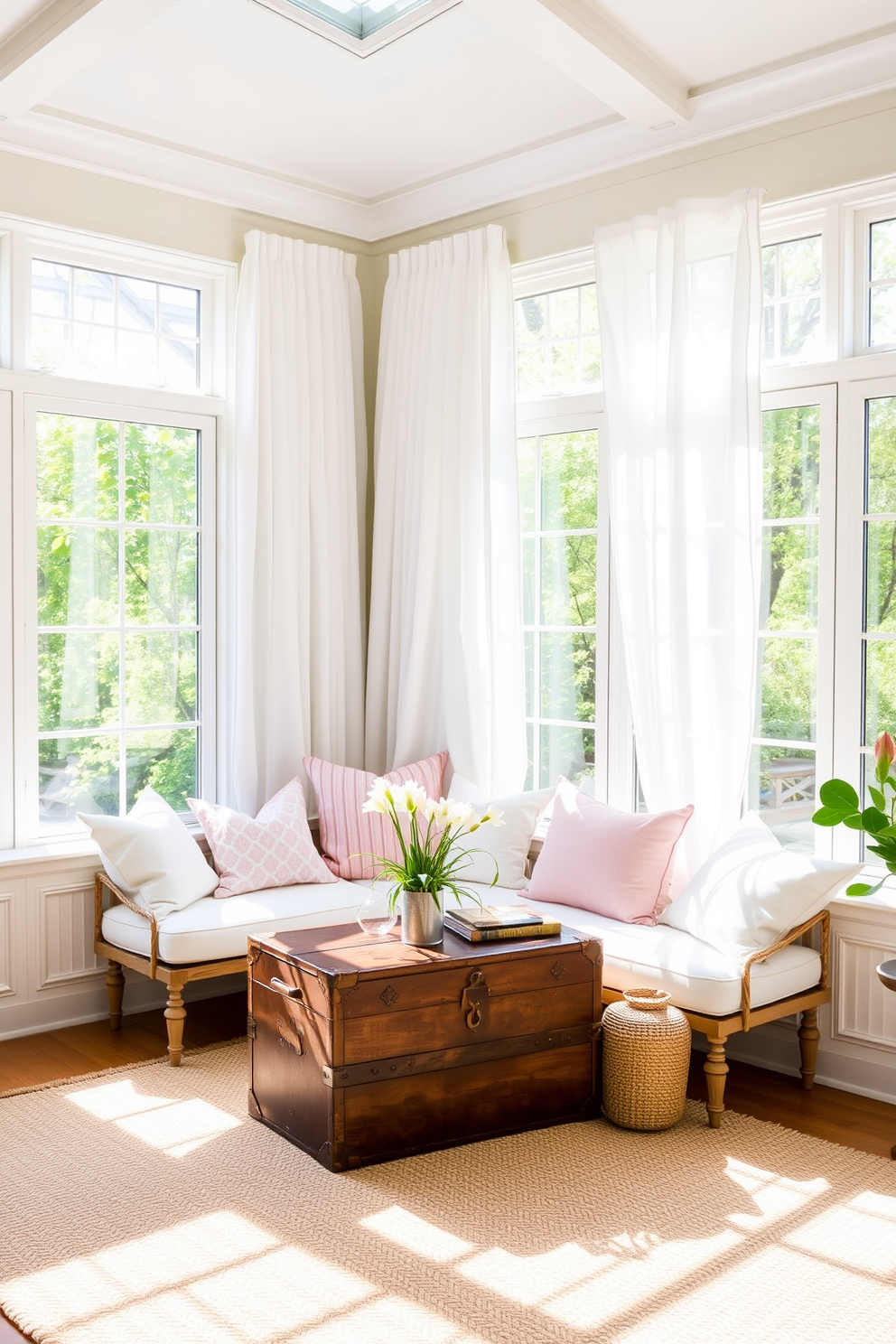 A bright and airy sunroom filled with natural light. The space features large windows adorned with sheer white curtains, allowing the spring sunshine to stream in. In one corner, a vintage trunk serves as both a stylish storage solution and a decorative element. Surrounding the trunk, comfortable seating is arranged with pastel-colored cushions and a light woven rug underfoot.