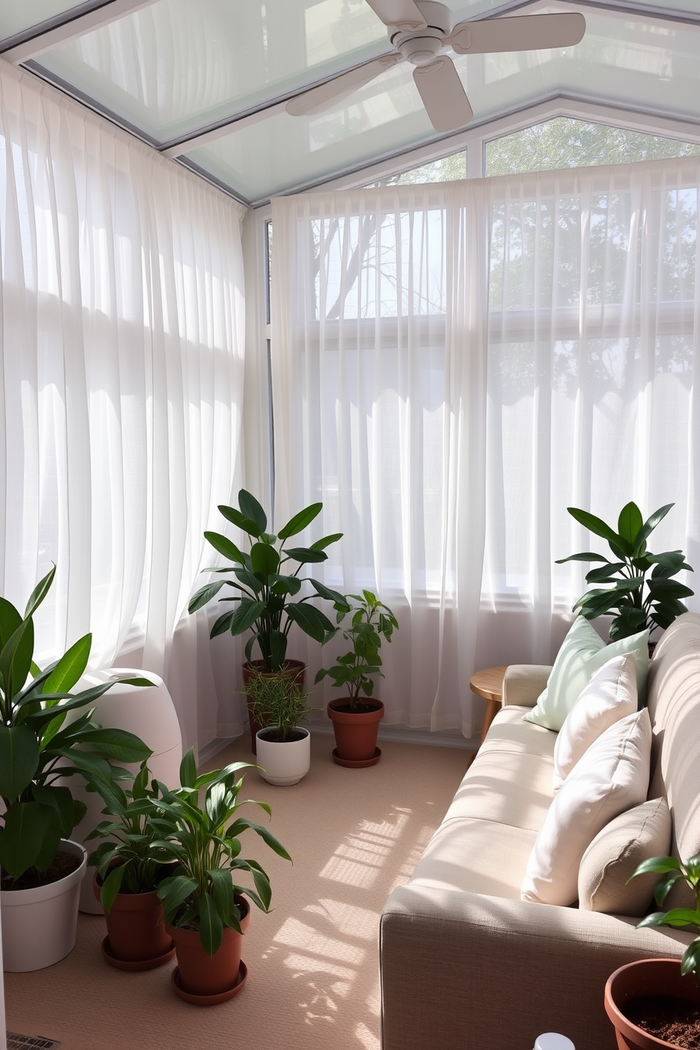 A bright sunroom filled with natural light. The space features light sheer curtains that gently flutter in the breeze, creating a soft and airy atmosphere. A comfortable seating area is arranged with a plush sectional sofa adorned with pastel-colored cushions. Potted plants in various sizes are placed around the room, adding a touch of greenery and vibrancy.