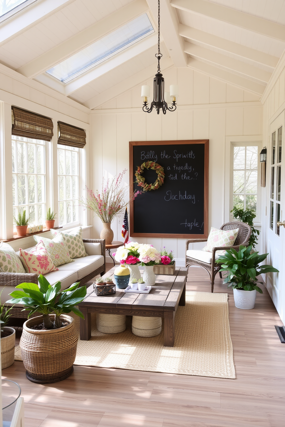 A bright and airy sunroom filled with natural light. The walls are painted in soft pastel hues, and a large chalkboard is mounted on one wall for seasonal messages. Comfortable seating is arranged around a rustic wooden coffee table, adorned with fresh flowers and seasonal decor. Potted plants and colorful cushions add a cheerful touch, inviting relaxation and enjoyment of the springtime atmosphere.