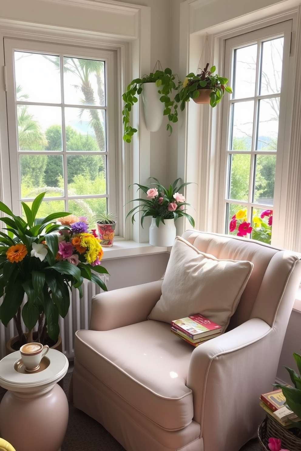 A cozy reading nook is nestled in a sunlit corner of the room, featuring a plush armchair upholstered in soft, pastel fabric. A small side table holds a steaming cup of tea and a stack of well-loved books, inviting relaxation and comfort. The sunroom is adorned with fresh greenery and colorful floral arrangements, creating a vibrant atmosphere. Large windows allow natural light to flood the space, enhancing the cheerful ambiance and showcasing the beauty of the outdoors.