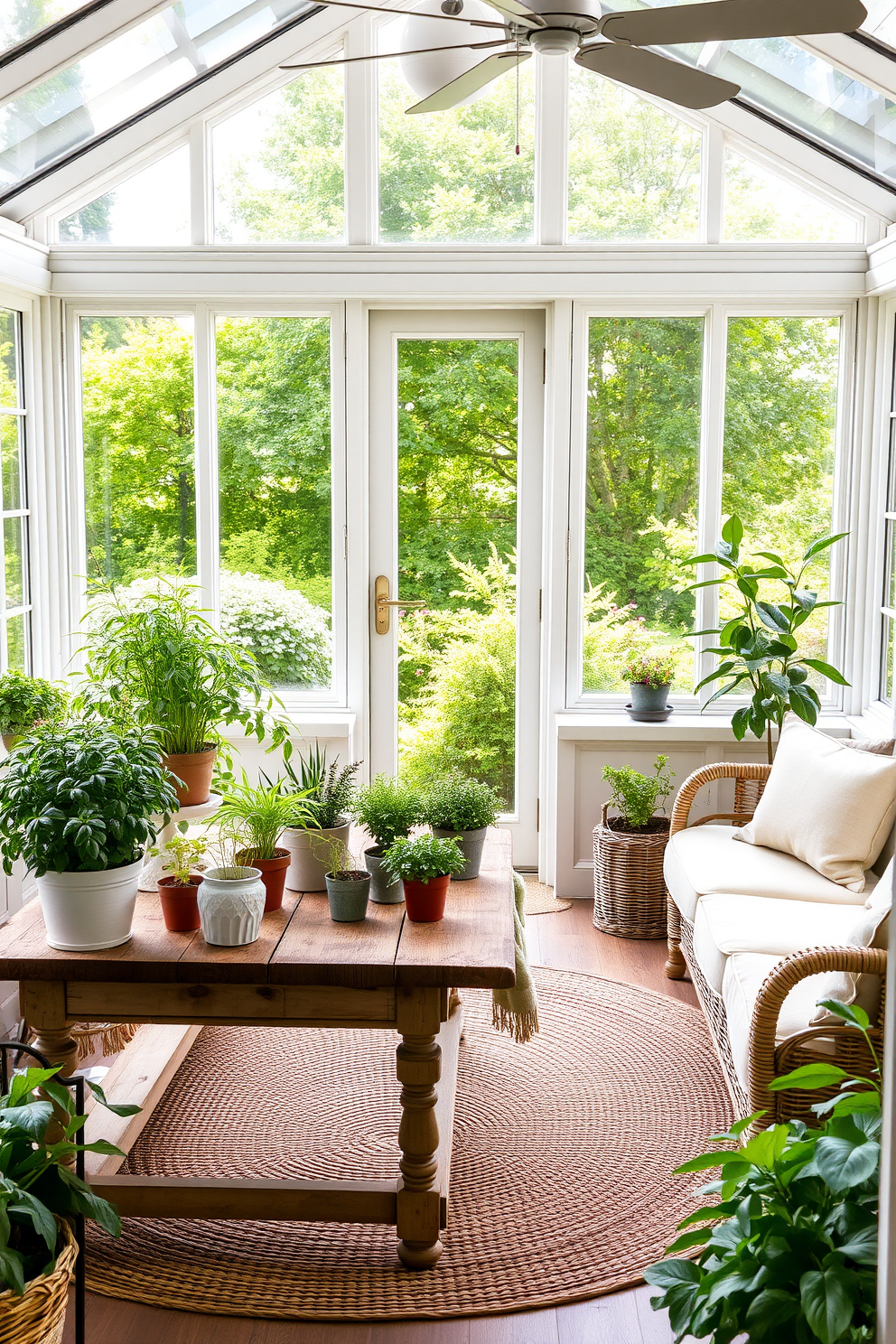 A bright sunroom filled with natural light, featuring large windows that open to a lush garden view. The space is adorned with a variety of potted herbs, including basil, rosemary, and mint, arranged on a rustic wooden table. Cozy seating in soft, pastel colors invites relaxation, while vibrant green plants enhance the fresh atmosphere. A woven rug adds texture to the floor, creating a warm and inviting environment perfect for enjoying the spring sunshine.