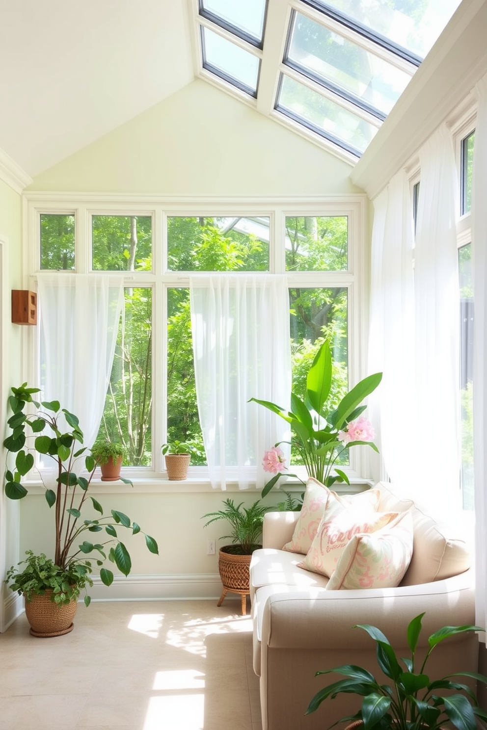 A sunroom filled with natural light and vibrant greenery. The walls are painted in soft spring hues, creating a refreshing atmosphere. In one corner, a cozy seating area features a light-colored sofa adorned with pastel throw pillows. Large windows are draped with sheer white curtains that flutter gently in the breeze.