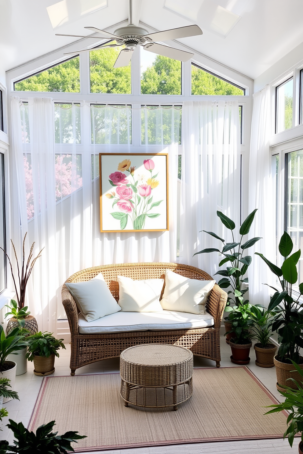 A bright and airy sunroom filled with natural light. Large windows adorned with sheer white curtains provide a view of a blooming garden outside. In the center, a comfortable rattan sofa is dressed with pastel-colored cushions. A statement piece of art featuring a vibrant floral painting hangs on the wall, adding a pop of color to the space. The floor is covered with a soft, textured area rug in light beige. Potted plants in various sizes are strategically placed around the room, enhancing the fresh and inviting atmosphere.
