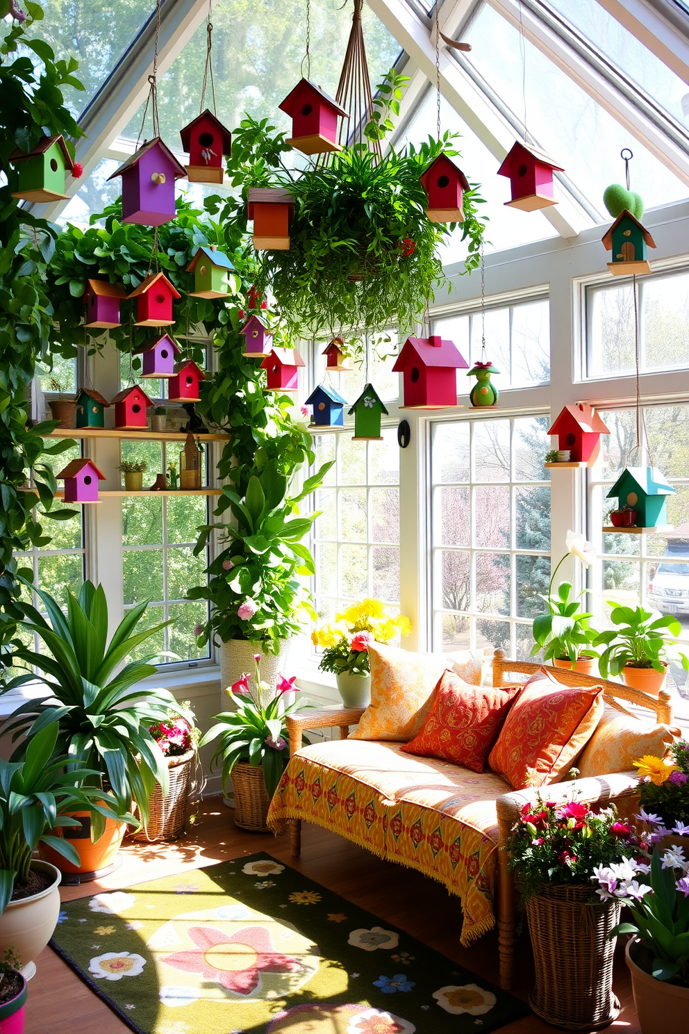A whimsical birdhouse display features an array of colorful birdhouses of various shapes and sizes hanging from the ceiling and perched on shelves. The sunroom is filled with lush greenery, and sunlight streams through large windows, creating a cheerful and inviting atmosphere. Decorative elements include vibrant cushions on a cozy seating area and a playful rug that adds warmth to the space. Potted plants and floral arrangements enhance the spring theme, making the sunroom a perfect retreat for enjoying nature indoors.